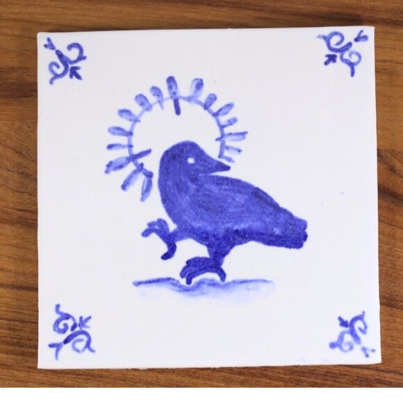 Holy Crow thin Studio Pottery Tile, Hand painted Contemporary Tile home decor - Picture 1 of 6